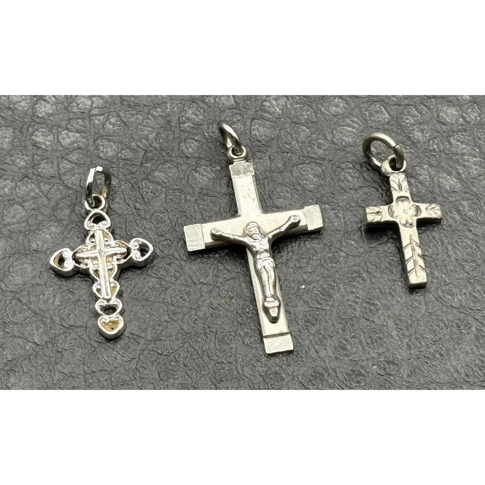 Lot of 3 Sterling Silver 925 Crucifix Cross Pendants Or Charms Religious Jewelry